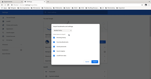 Chose bookmarks to import